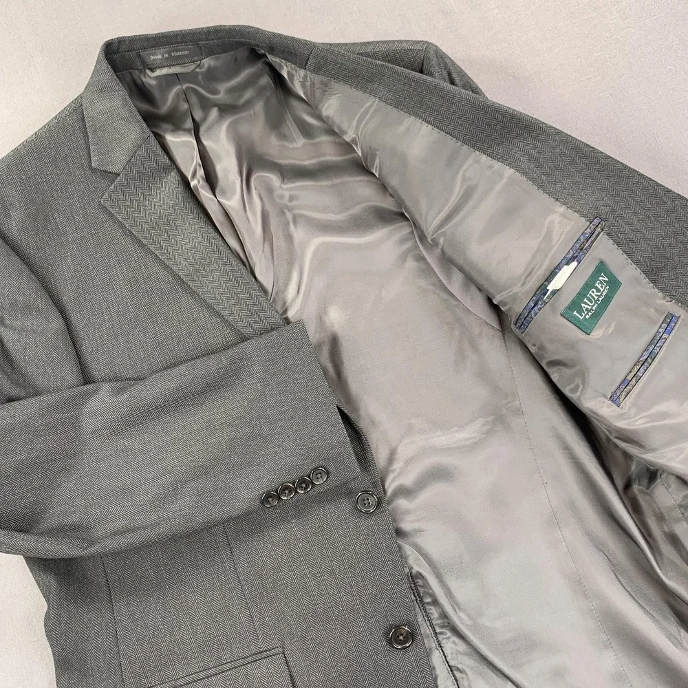 Lauren Ralph Lauren Sport Coat Men‎ 42R Gray Herringbone 2 Button Notch Stretch